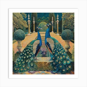 Peacocks in a Renaissance Garden Series. In Style of David Hockney 10 Art Print