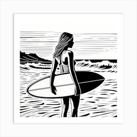 Linocut Black And White Surfer Girl In a Beach art, surfing art, 263 Art Print