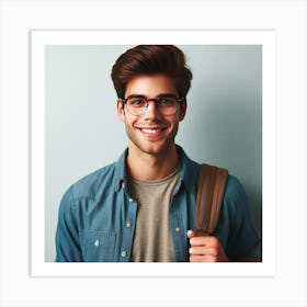 Young Man With Glasses And Backpack Art Print