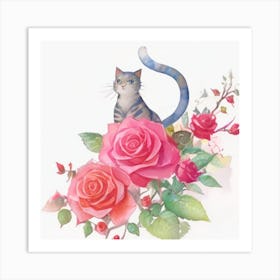 Cat With Roses3 Art Print