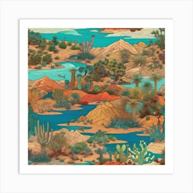 Cactus Desert, A Vibrant Collage Of Different Ecosystems Deserts Forests Oceans Seamlessly Blending Together Art Print