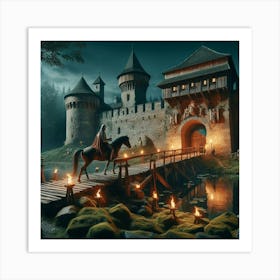 Knights On Horseback Crossing A Bridge Art Print