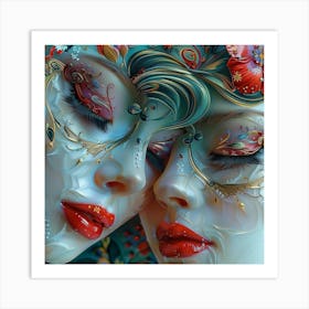 Two Women With Flowers On Their Faces Art Print