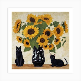 Black Cats And Sunflowers Art Print