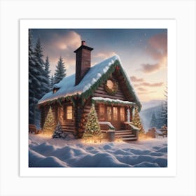 Christmas Cabin In The Snow Art Print