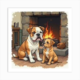 Loving Bulldog Sitting With Its Owner By The Fireplace In Watercolor 1 Art Print