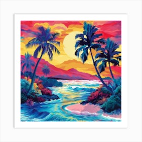 Sunset With Palm Trees Art Print