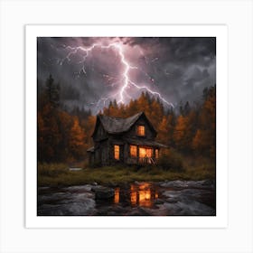 An Abandoned House In The Midst Of A Dark Forest With Eerie Rainy Weather And The Predominant Col Art Print