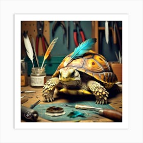 Tortoise Attaching The Feathers To His Shell Using The Special Glue (3) Art Print