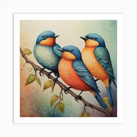 Colorful Bluebirds On A Branch Art Print