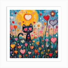 Abstract painting of a cat in a flower field Art Print