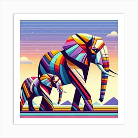 Geometric Guardians Elephants Art Print