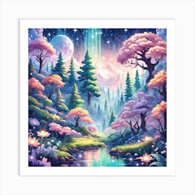 A Fantasy Forest With Twinkling Stars In Pastel Tone Square Composition 165 Art Print