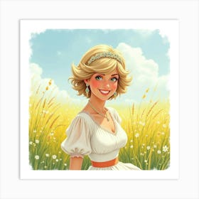 Princess Diana With A Joyful Smile In A Bright Watercolor Meadow Scene 1 Art Print