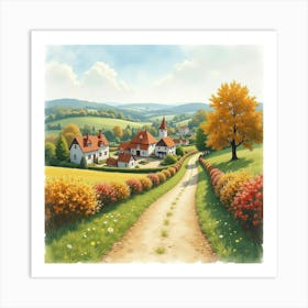 English Countryside With Romanian Seasonal Festivals, Painted In Watercolor 1 Art Print