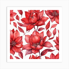 Red Lotus Flowers Seamless Pattern Art Print