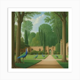 Peacocks in a Renaissance Garden Series. In Style of David Hockney 9 Art Print