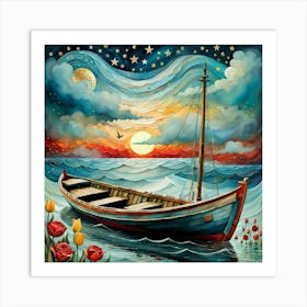 Boat At Sunset Art Print