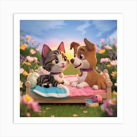 Cat And Dog In Bed Art Print