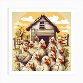 Chickens In Front Of House Art Print