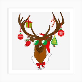 Rudolph Reindeer Face Santa Hat Ornaments Funny Christmas Art Print