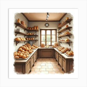 Cozy Watercolor Of A Traditional Italian Bakery, With Fresh Bread And Pastries On Display 1 Art Print