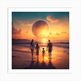 Family On The Beach At Sunset Art Print