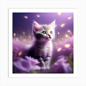 Ethereal Kitten In Purple Flowers Art Print