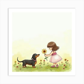 A Dachshund And A Girl In A Sundress Picking Flowers In A Meadow, Watercolor Art Print