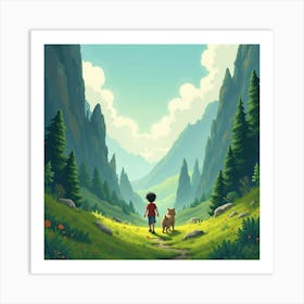 Boy And Dog In The Mountains Art Print