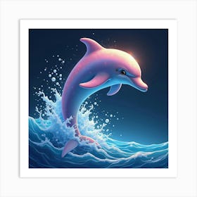 A Dolphin With Shimmering, Rainbow Colored Skin, Leaping Through Glowing Waves Art Print