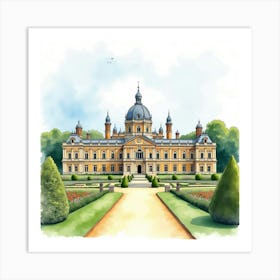 Watercolor View Of The Blenheim Palace In Oxfordshire, Showcasing Its Majestic Architecture And Beautiful Gardens Art Print