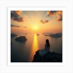 Woman Sitting On Cliff At Sunset Art Print