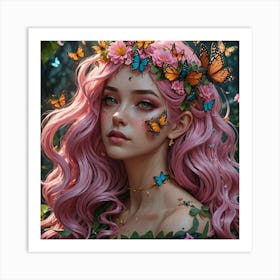 Pink Haired Girl With Butterflies Art Print