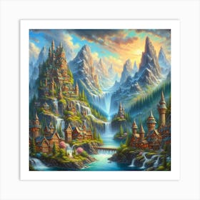 Fantasy Inspired Acrylic Painting Of A Whimsical Village Nestled Among Towering Mountains And Cascading Waterfalls, Style Fantasy Art Art Print