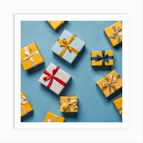 Gift Boxes On Blue Background Art Print