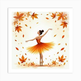 Ballet Dancer Surrounded By Watercolor Autumn Leaves 1 Art Print