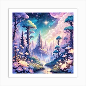 A Fantasy Forest With Twinkling Stars In Pastel Tone Square Composition 309 Art Print