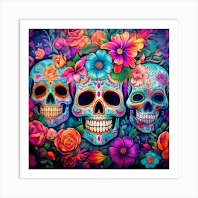 Maraclemente Many Sugar Skulls Colorful Flowers Vibrant Colors 6 Art Print