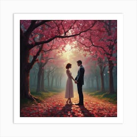 Couple In The Cherry Blossoms Art Print