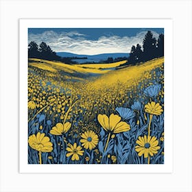 Linocut Flower Meadow Mustard Blue Art Print