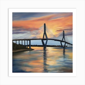 Sunset over the Arthur Ravenel Jr. Bridge in Charleston. Blue water and sunset reflections on the water. Oil colors.10 Art Print