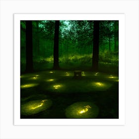 A Moonlit Forest Clearing Where Fireflies Weave A Celestial Tapestry Illuminating An Ancient Moss Art Print