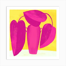 Barbie Pink Magenta Abstract Plant On Yellow Square Art Print