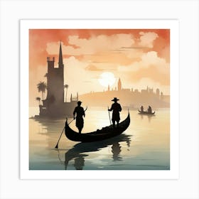 Boho art Silhouette of Gondola and Gondolier 4 Art Print