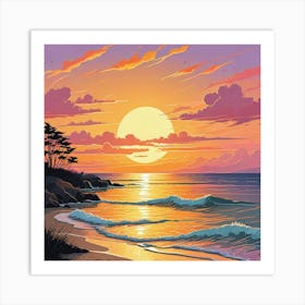 A Painting Of A Sunset With Seagulls Flying Above The Ocean (2) Art Print