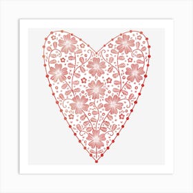 Scandinavian Red and White Floral Heart Art Print