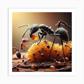 A Black Ant And Red Brown Ant Collecting Food 1 Poster