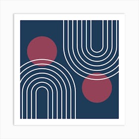 Mid Century Modern Geometric In Navy Blue And Burgundy (Rainbow And Sun Abstract) 02 Art Print