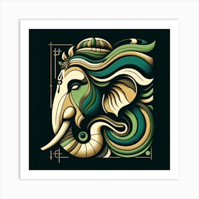 "Verdant Vision: Ganesha's Tranquil Gaze" - This art piece presents Lord Ganesha in a palette of lush greens and rich golds, symbolizing prosperity, nature, and well-being. The elegant curves and flowing lines lend a contemporary look to the traditional figure, while the deep black background accentuates the artwork's modern aesthetic. Ganesha's peaceful expression, detailed with artistic flourishes and sacred motifs, invites a sense of calm and introspection. Ideal for both spiritual devotees and art lovers, this piece merges divine inspiration with design sophistication, making it a sublime addition to any space that values serenity and style. Art Print